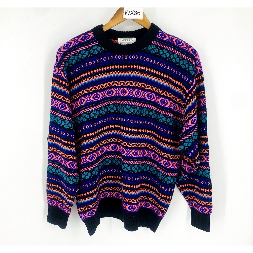 Vintage 80's Capello 48 Made Canada Sweater Abstract Knit Ski Core Grandpa Crew